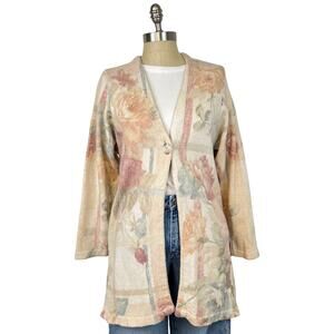 Vintage Gabriella T. Pastel Florals Button Front Cotton Linen Cardigan Sweater M